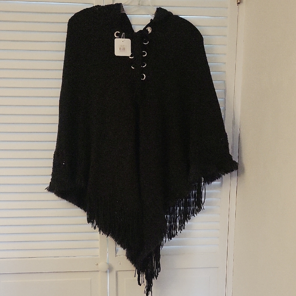 Black Hooded Poncho with Fringe